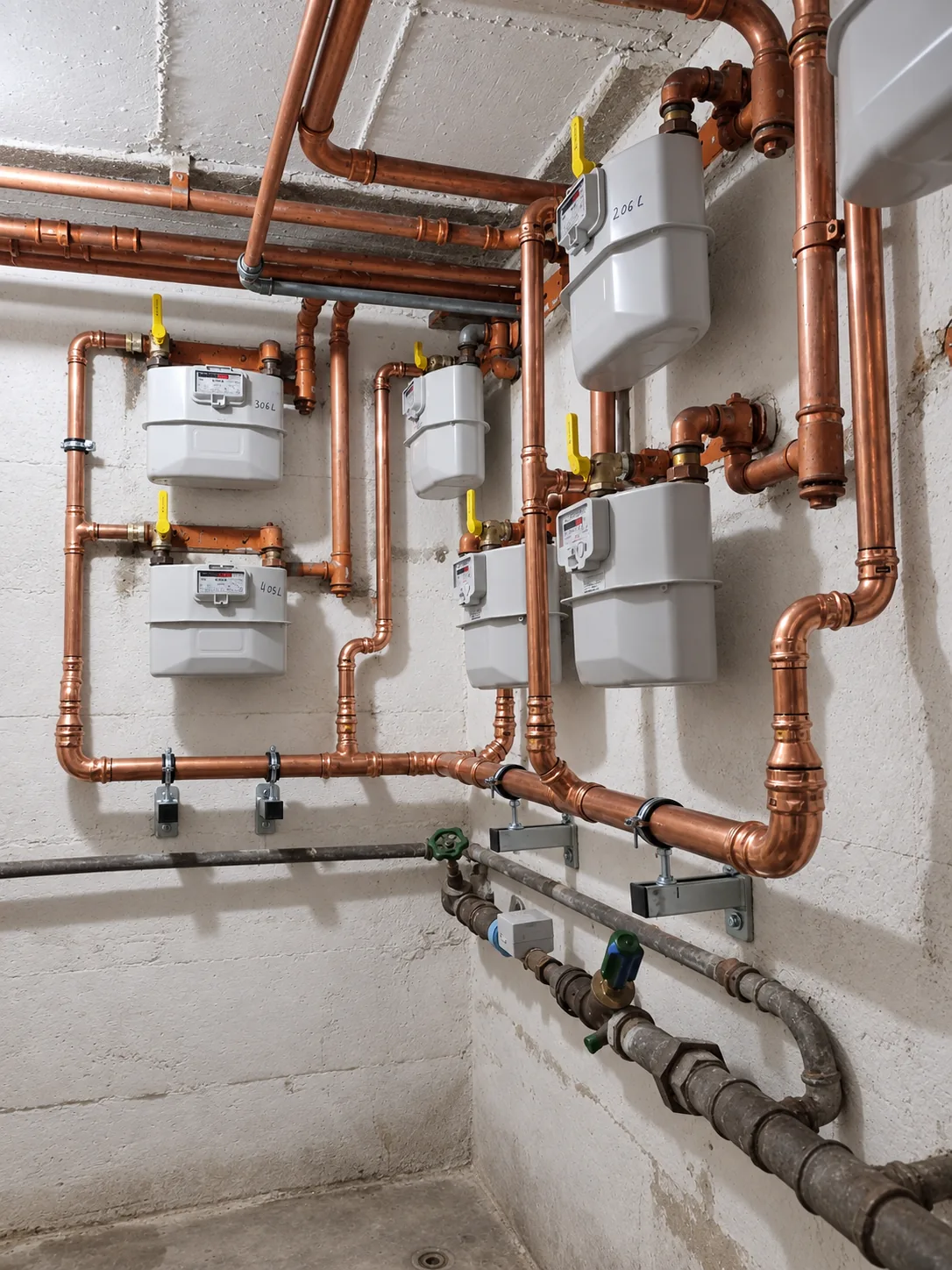 Gasinstallation aus Kupfer mit sechs Gaszählern im Keller