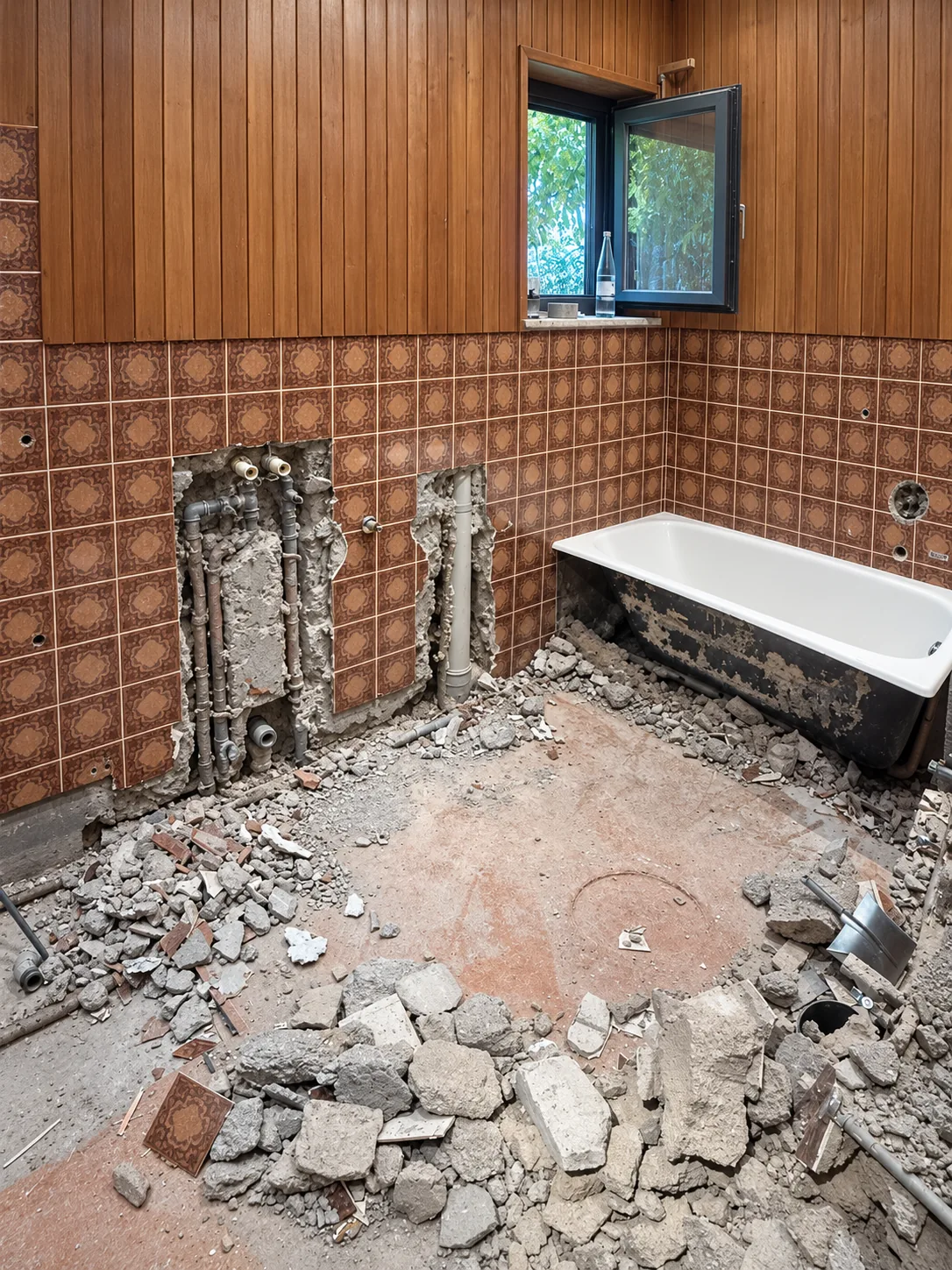Dasselbe Bad vor der Sanierung: alte Fliesen, Wanne und Bauschutt