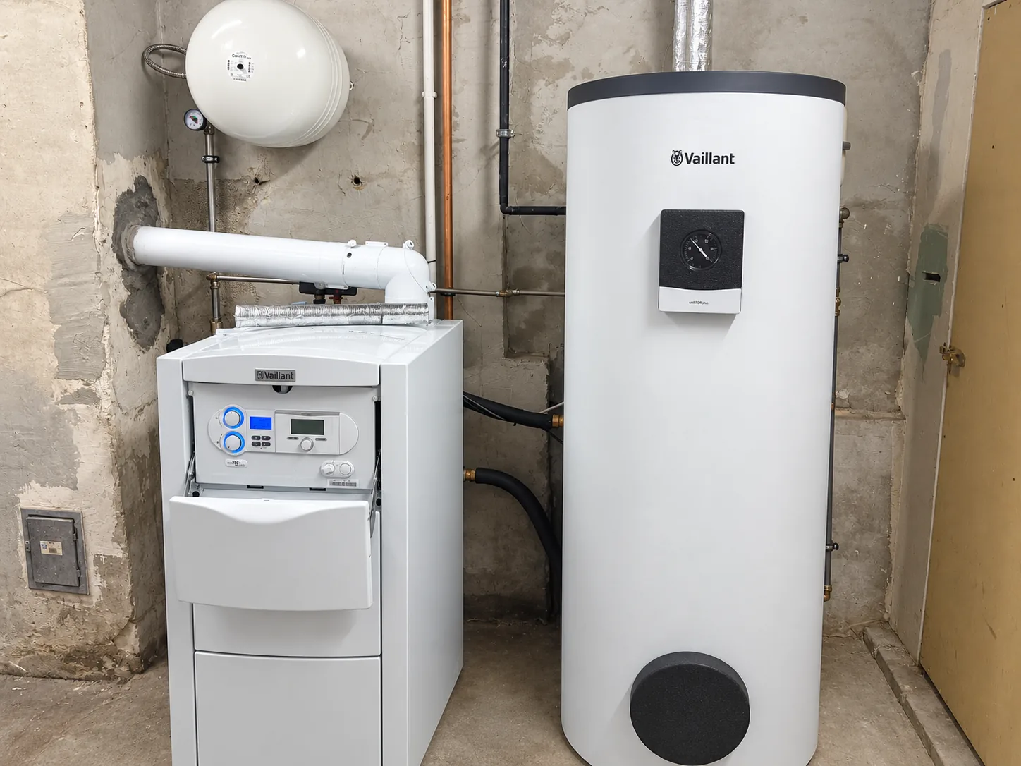 Bodenstehender Gas-Heizkessel mit Warmwasserspeicher im Einfamilienhaus