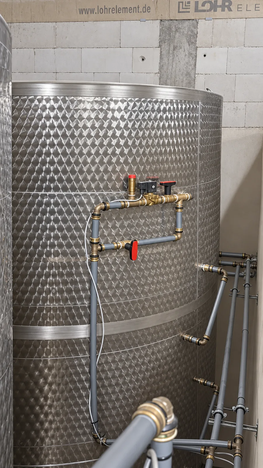 Armaturengruppe an einem Edelstahl-Löschwasserbehälter