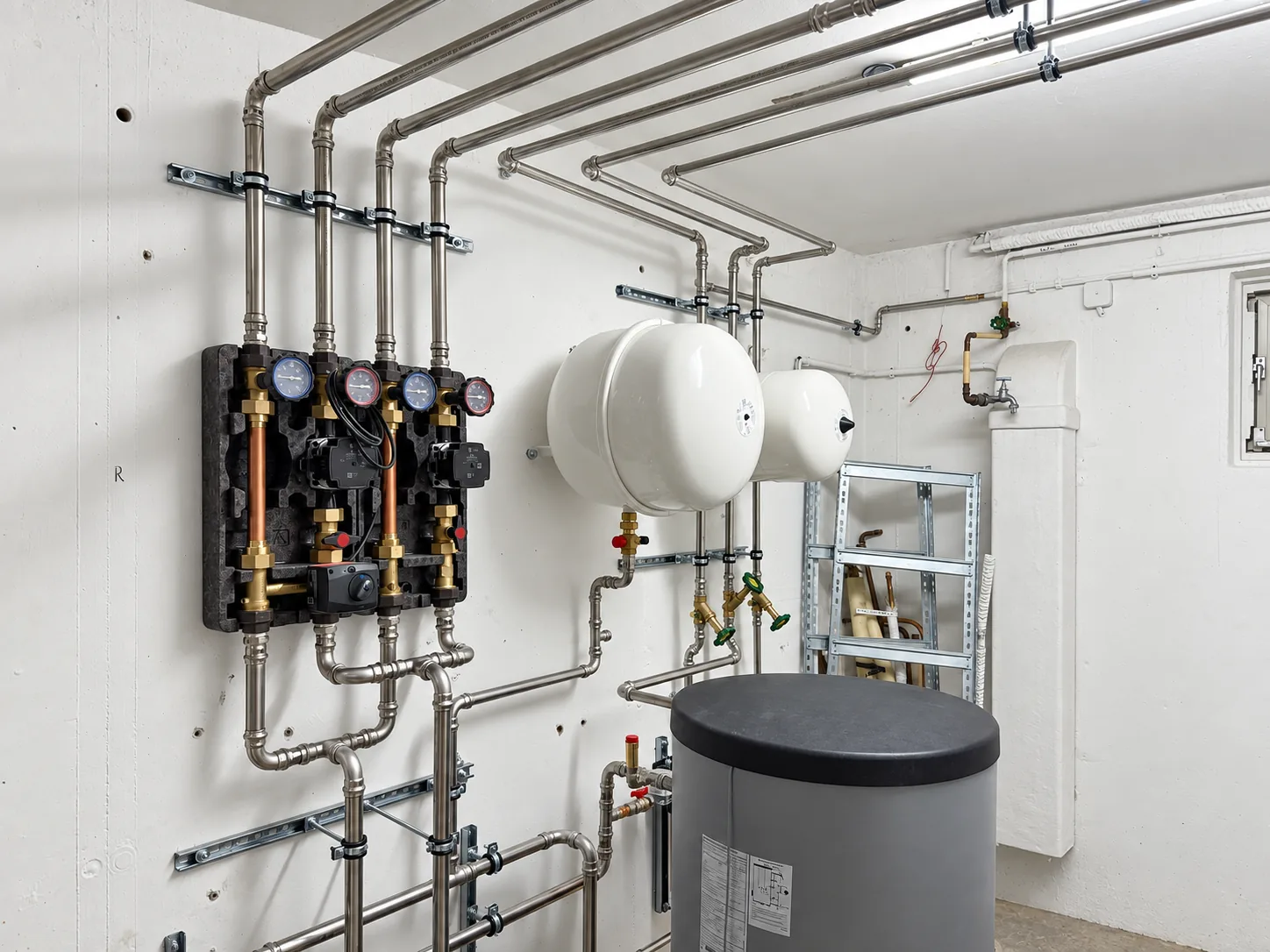 Pumpengruppen mit Ausdehnungsgefäßen und Pufferspeicher im Heizraum
