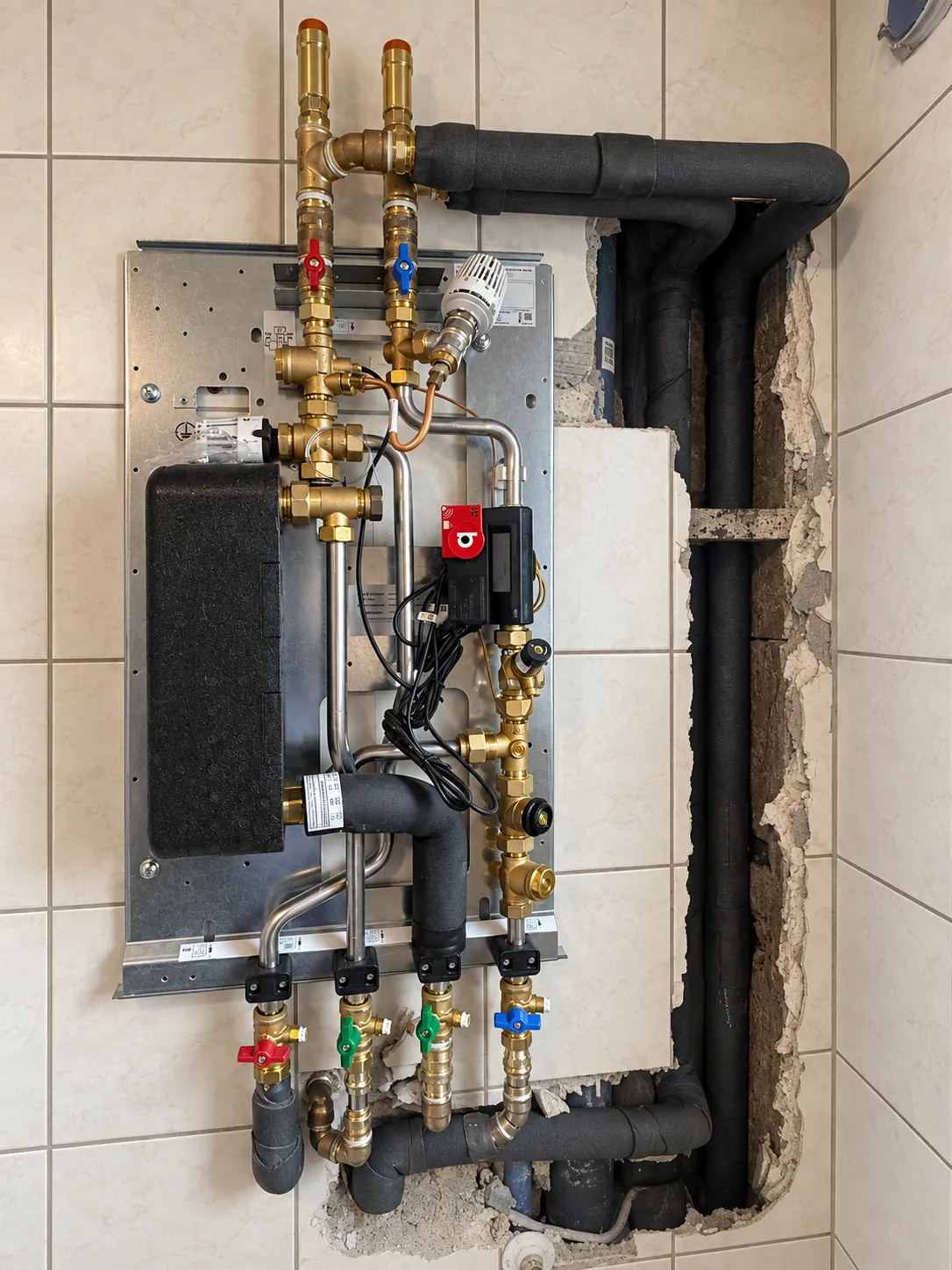 Wohnungsstation bei laufender Reparatur mit aufgestemmter Wand