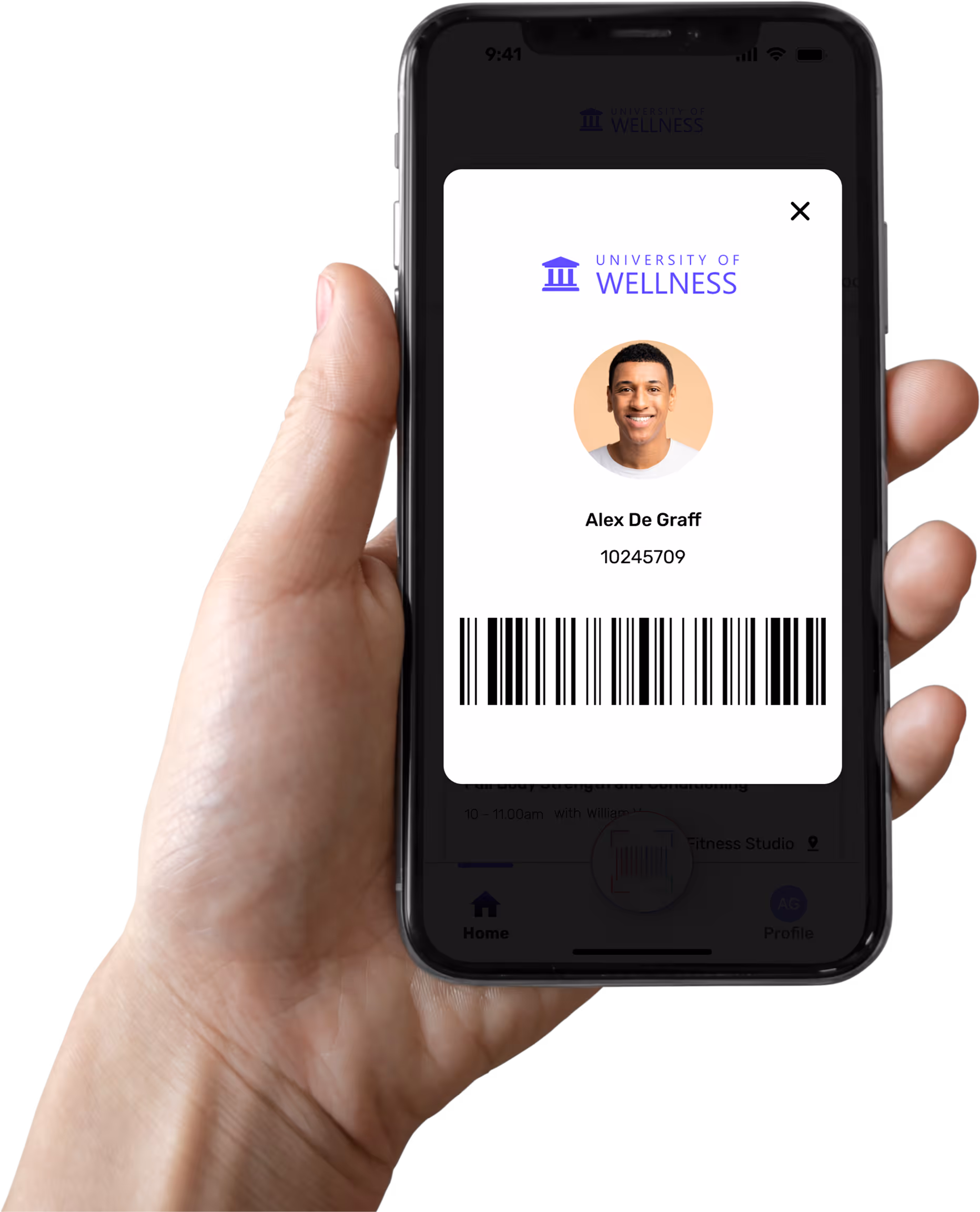 Digital ID screen with a photo of a member and a barcode
