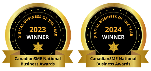 Digital Business of the Year Award 2023 and 2024 winner badges from the CanadianSME National Business Awards