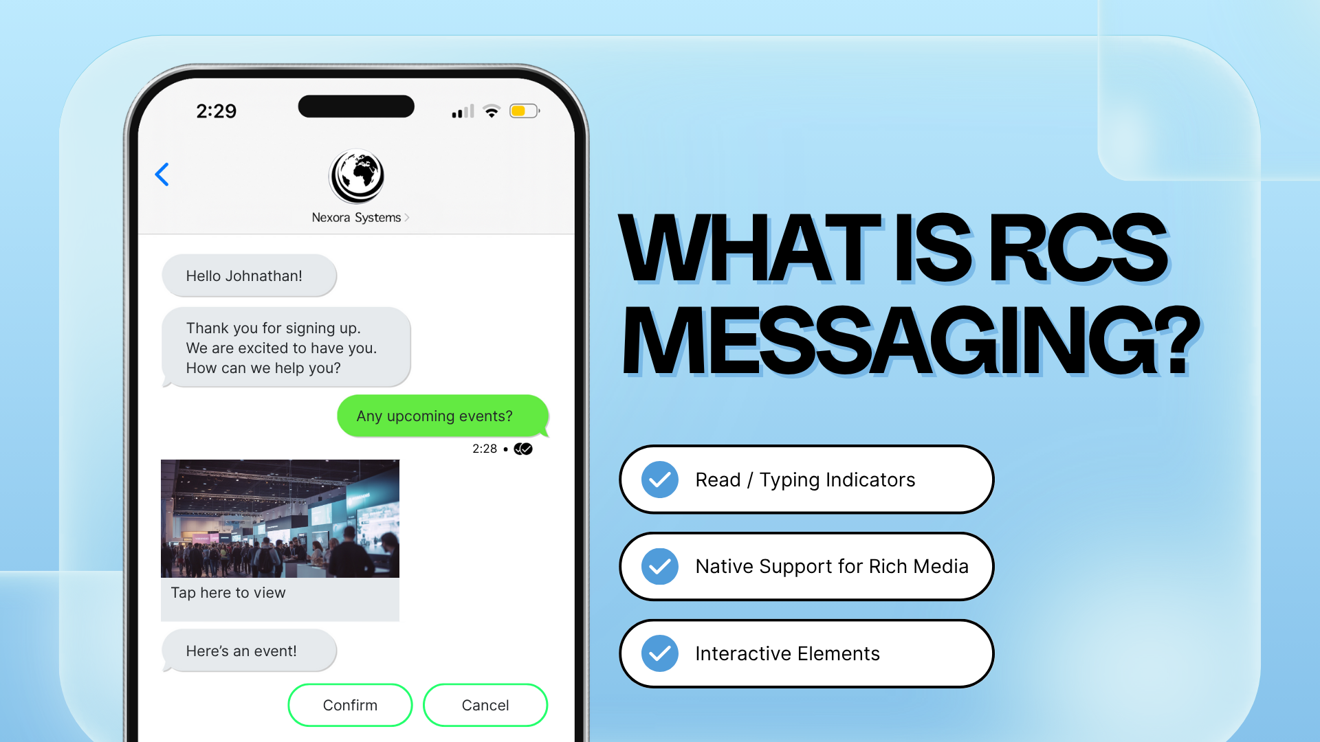 An image of a cell phone with messaging that allows the recipient to click into the message to respond and then a text block with the blog name. 