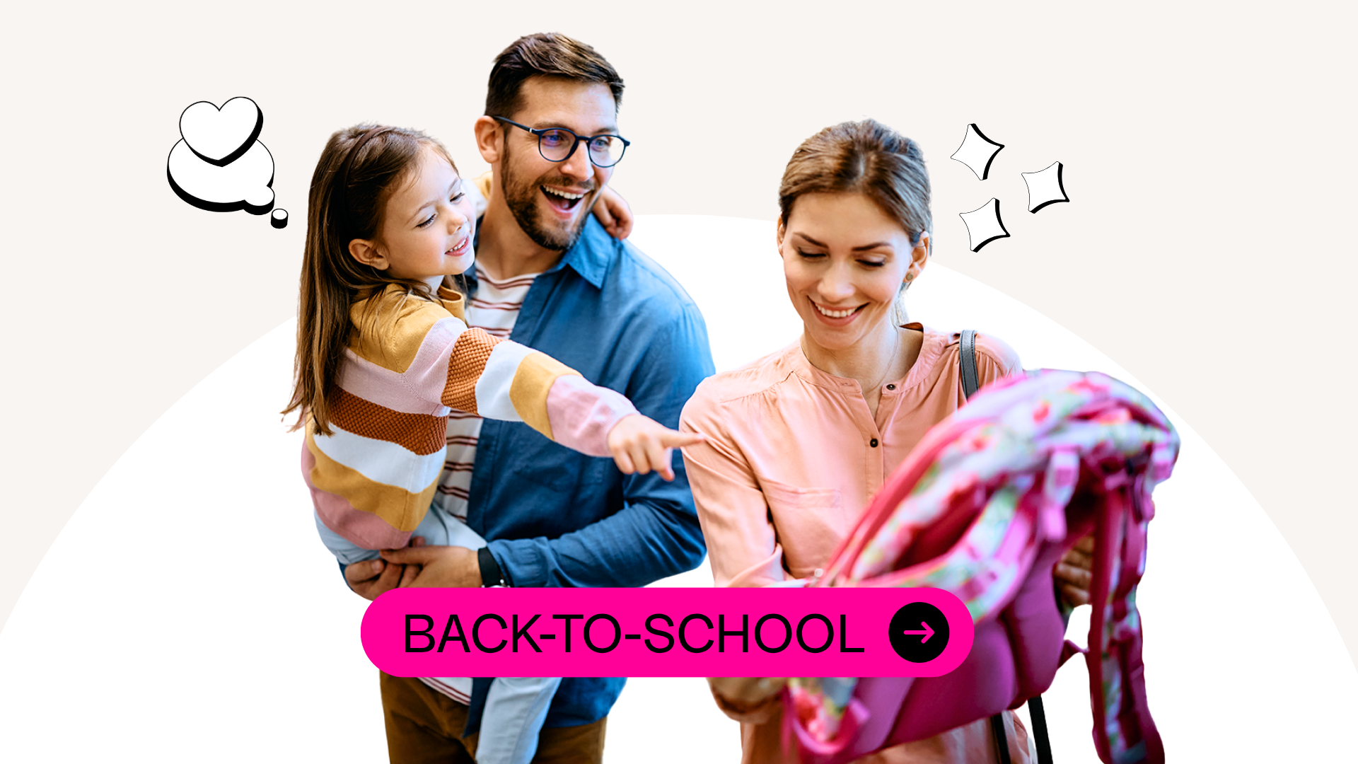 Picture of dad holding a little girl who is pointing to a specific backpack that she likes for back to school