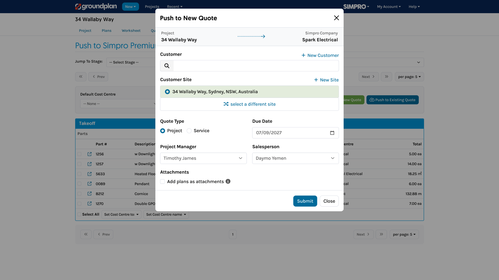 Push you Bill of Quantities to a Simpro quote