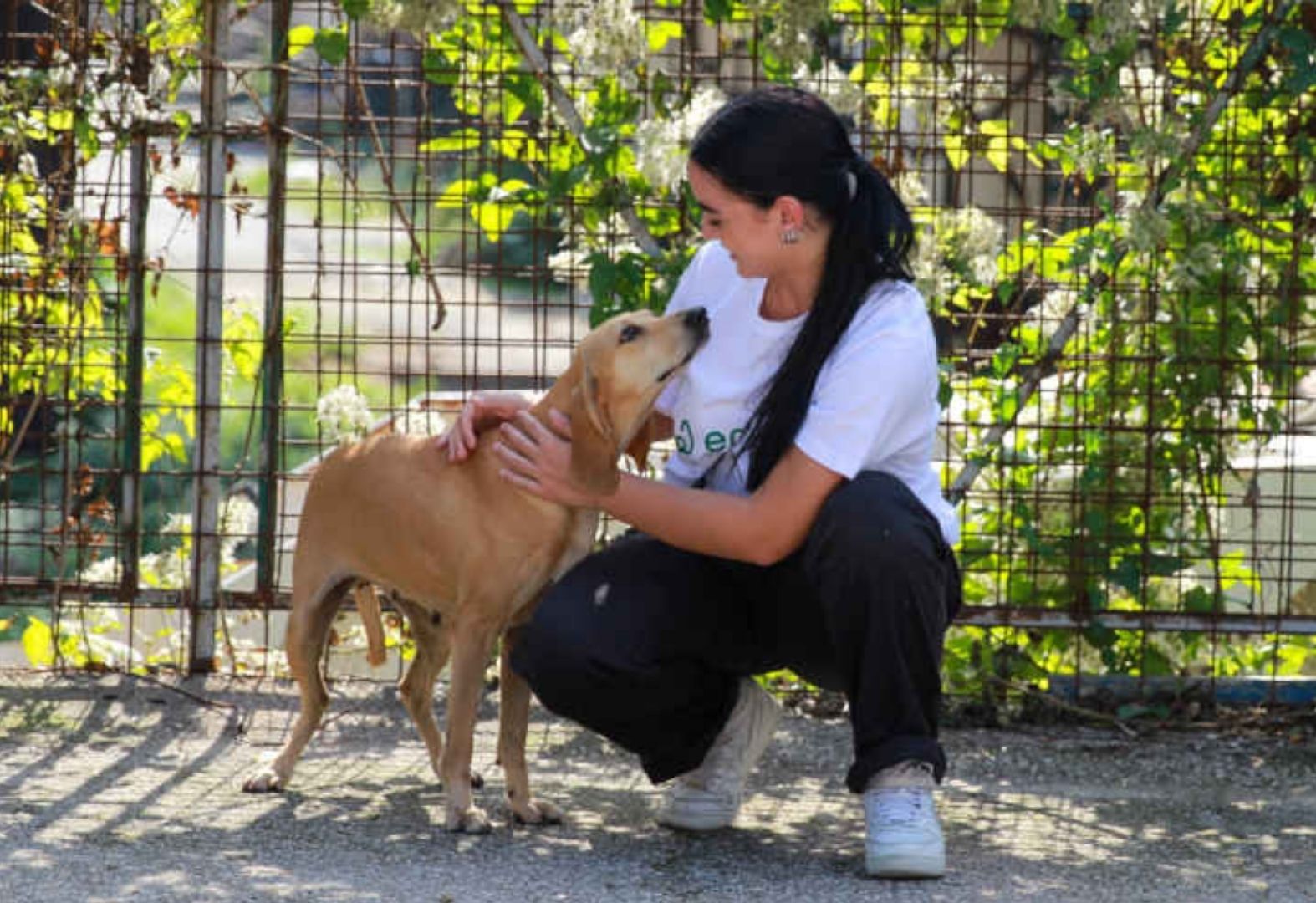 Donna con capelli neri accovacciata mentre abbraccia un cane marrone chiaro vicino a una recinzione di metallo con piante verdi e fiori bianchi sullo sfondo.
