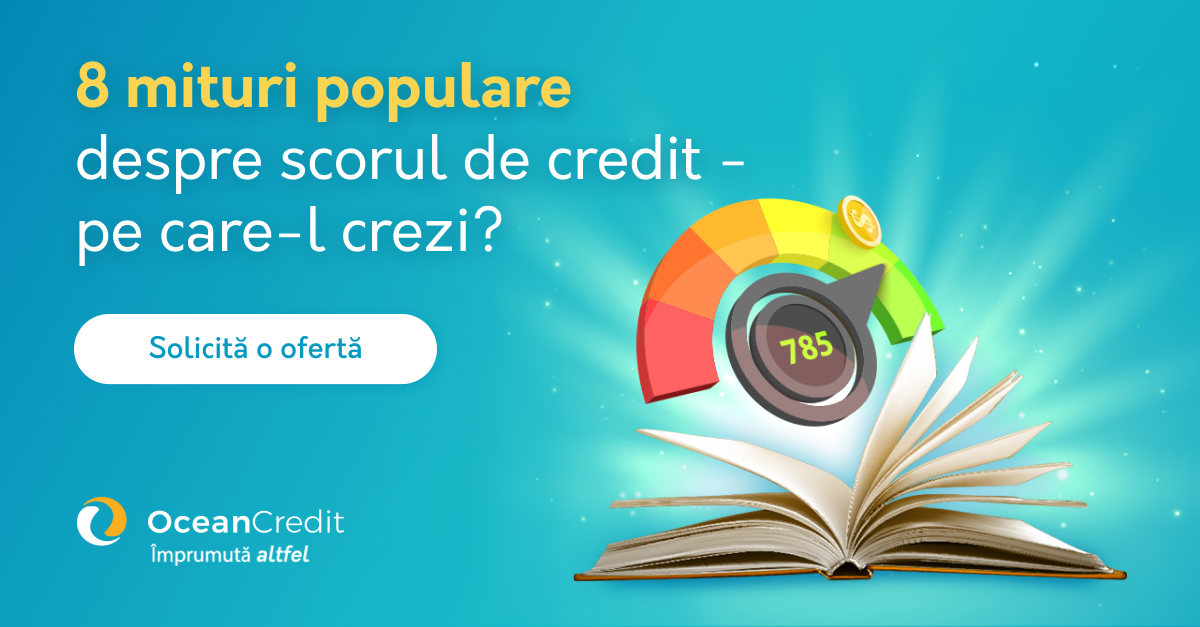 Carte animata deschisa, din care iese mare, zburând, un grafic ce indica o valoare a scorului: 785. Text imagine: 6 mituri populare despre scorul de credit - pe care-l crezi? Logo Ocean Credit