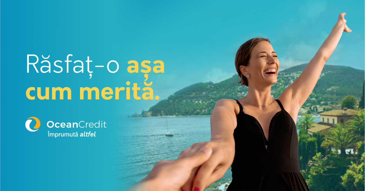 Imagine cu femeie fericita in natura, tinuta de mana de cineva din afara imaginii. Text: Răsfaț-o așa cum merită