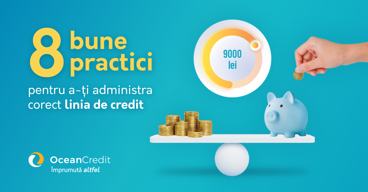 Imagine animata a unei balante care intr-o parte are bani și in cealalta o pusculita de bani. O mana adauga inca o moneda in pusculita. Imagine: 8 bune practici pentru a-ți administra corect linia de credit. Logo: Ocean Credit Împrumută altfel.