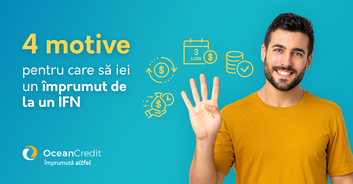 Barbat care tine patru degete ridicate, zambind. Pe fundal, iconite animate cu calendar pe 3 luni si palma care tine bani. Logo Ocean Credit - Imprumuta altfel