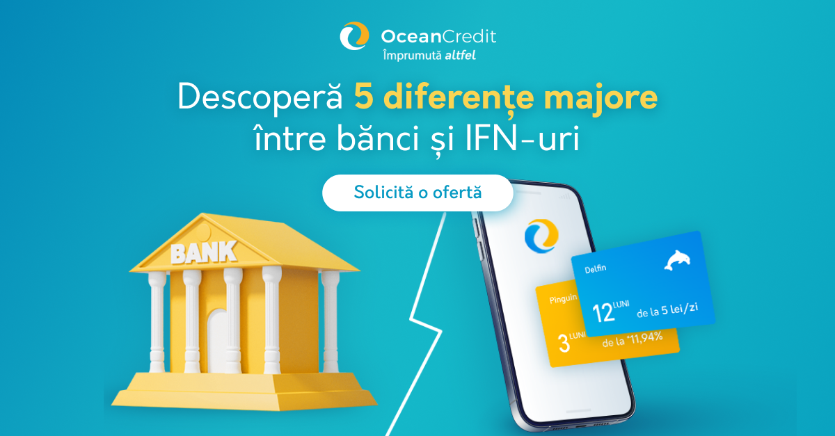 Reprezentarea animata a unei banci si a unui telefon cu logo-ul Ocean Credit, din care ies carduri denumite Pinguin si Delfin, precum creditele oferite de companie. Text imagine: Descoperă 5 diferențe majore între bănci și IFN-uri. Logo Ocean Credit