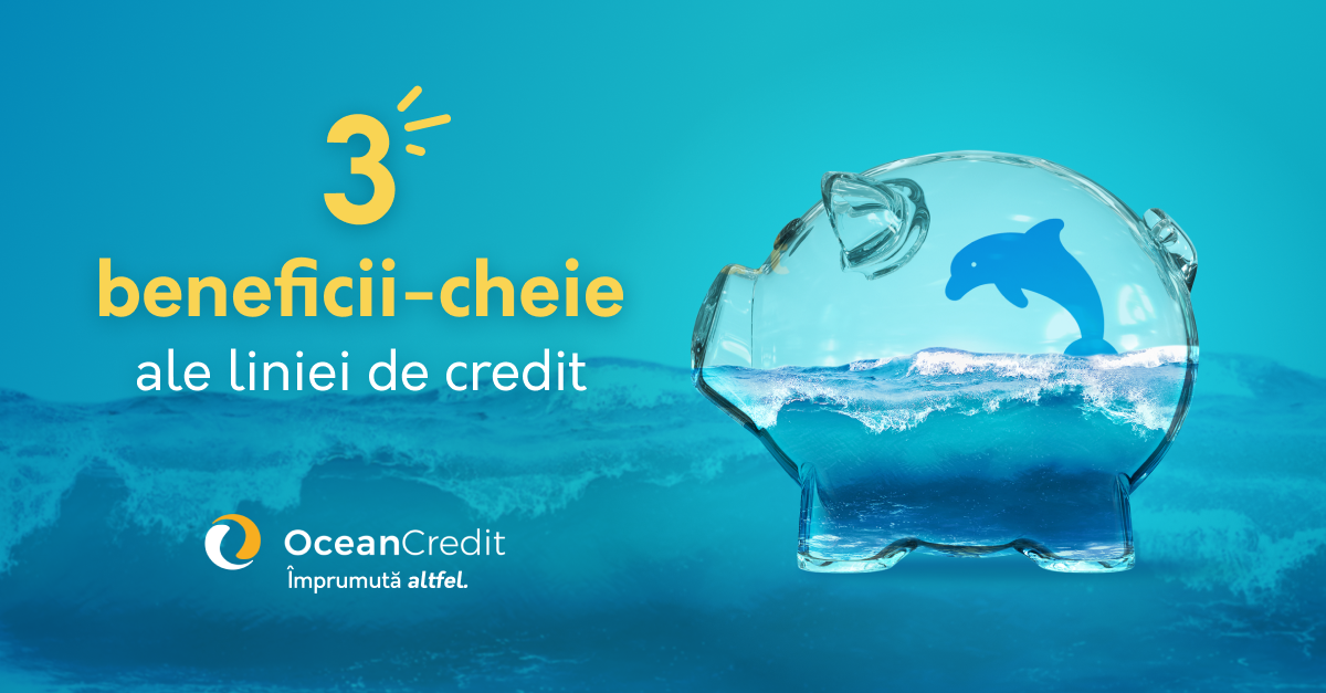 O pușculiță transparentă prin care se vede un delfin sărind în valurile oceanului. Text: 3 beneficii-cheie ale liniei de credit. Ocean Credit, Împrumută altfel