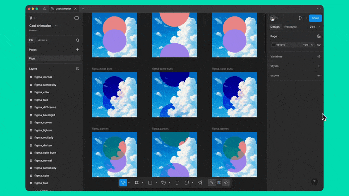 A screen recording of the Figma interface showing an image with clouds and 2 circles that have different blend modes applied. The LottieFiles plugin is opened after selecting some frames and automatically animates between the frames while applying the blend modes.