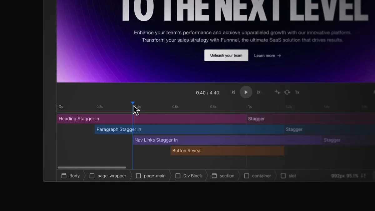 Screenshot of the new Interactions with GSAP timeline in Webflow. It shows multiple animations across the timeline like Heading Stagger In, Paragraph Stagger In, Nav Links Stagger In & Button Reveal.