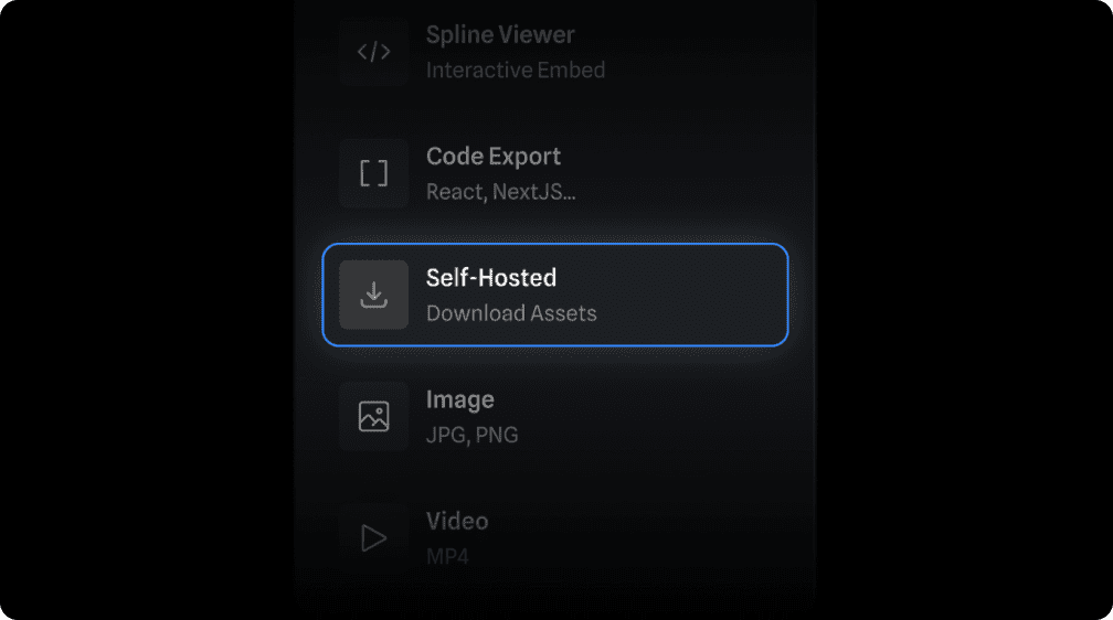 Screenshot of Spline's export options: Spline Viewer, Code Export, Self-Hosted, Image, Video. Self-Hosted is highlighted with a blue outline.