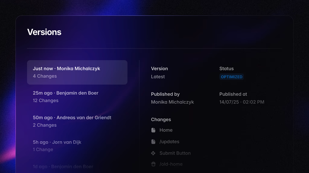 Screenshot of the Versions page with a list of all recent versions on the left and details on the right showing the version, status, who published it, when it was published and what changes have been made.