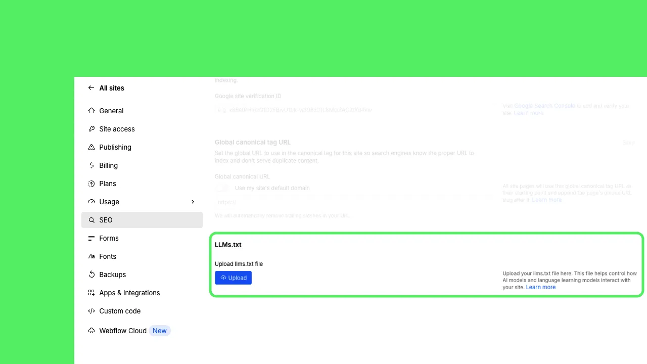 Screenshot of Webflow's settings page where SEO is selected in the sidebar and a green border is drawn around the LLMs.txt upload section. Showing an upload button where you can upload the .txt file.