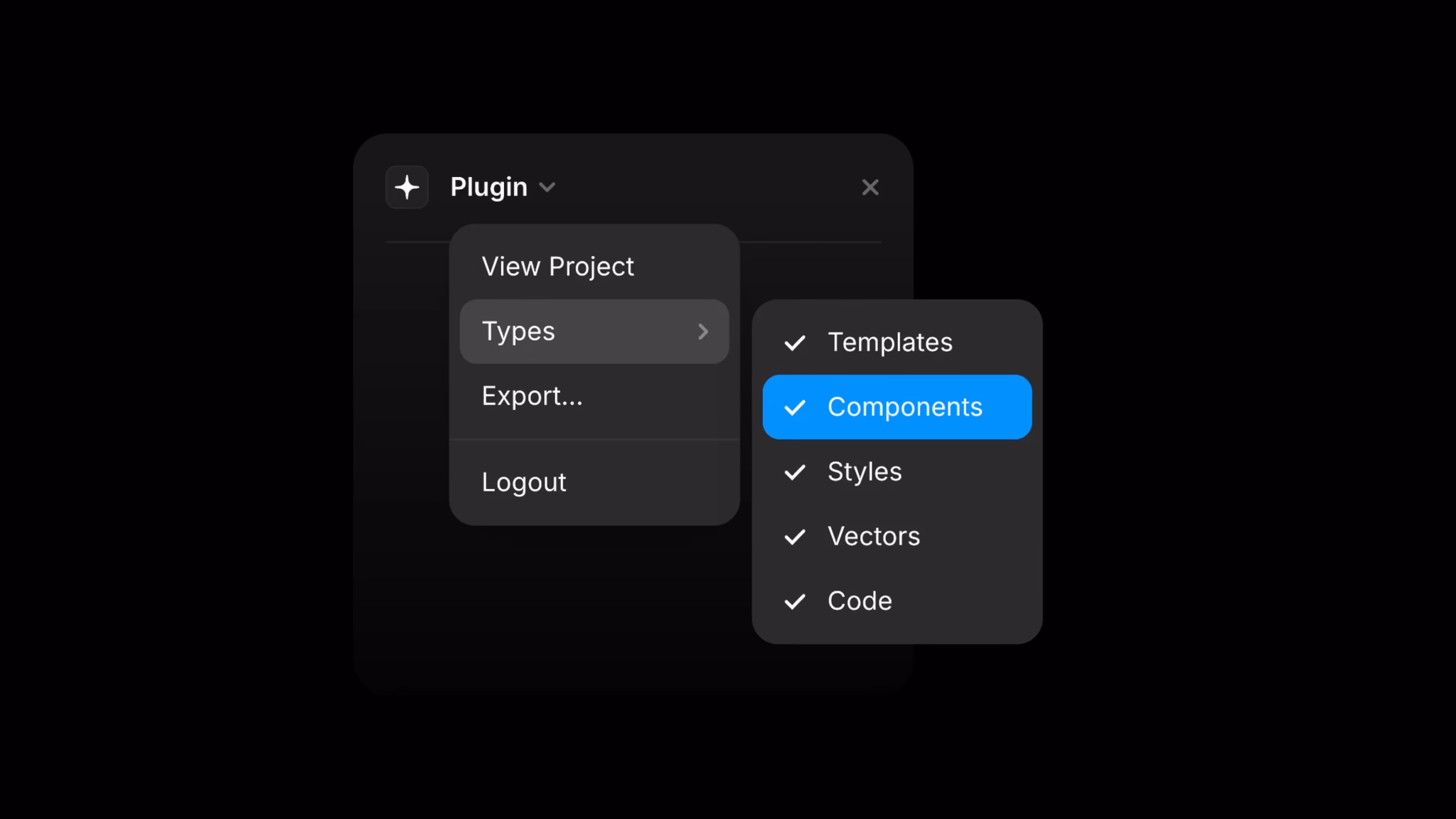 Screenshot of a Framer plugin showing the Context Menu API, with a native-style context menu open on a dark interface. The menu displays options like ‘View project’, ‘Types’, ‘Exports...’, and ‘Logout’. Types also has a submenu with checked items "Templates, Components, Styles, Vectors, and Code".