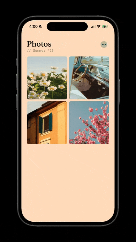 A grid of photos is displayed, when tapping on a photo the photo zooms in and transitions to a detail view.