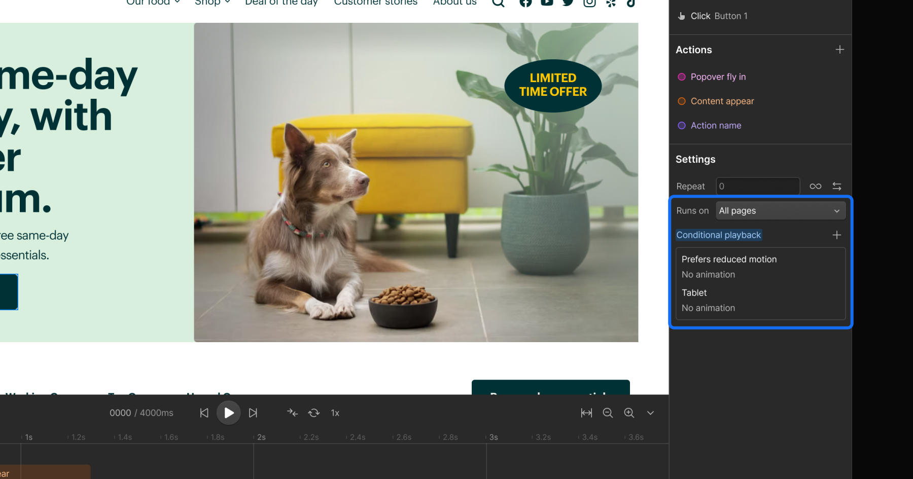 Screenshot of the Webflow interface showing GSAP interaction settings with a Conditional Playback with no animation set for Prefers reduced motion and tablet
