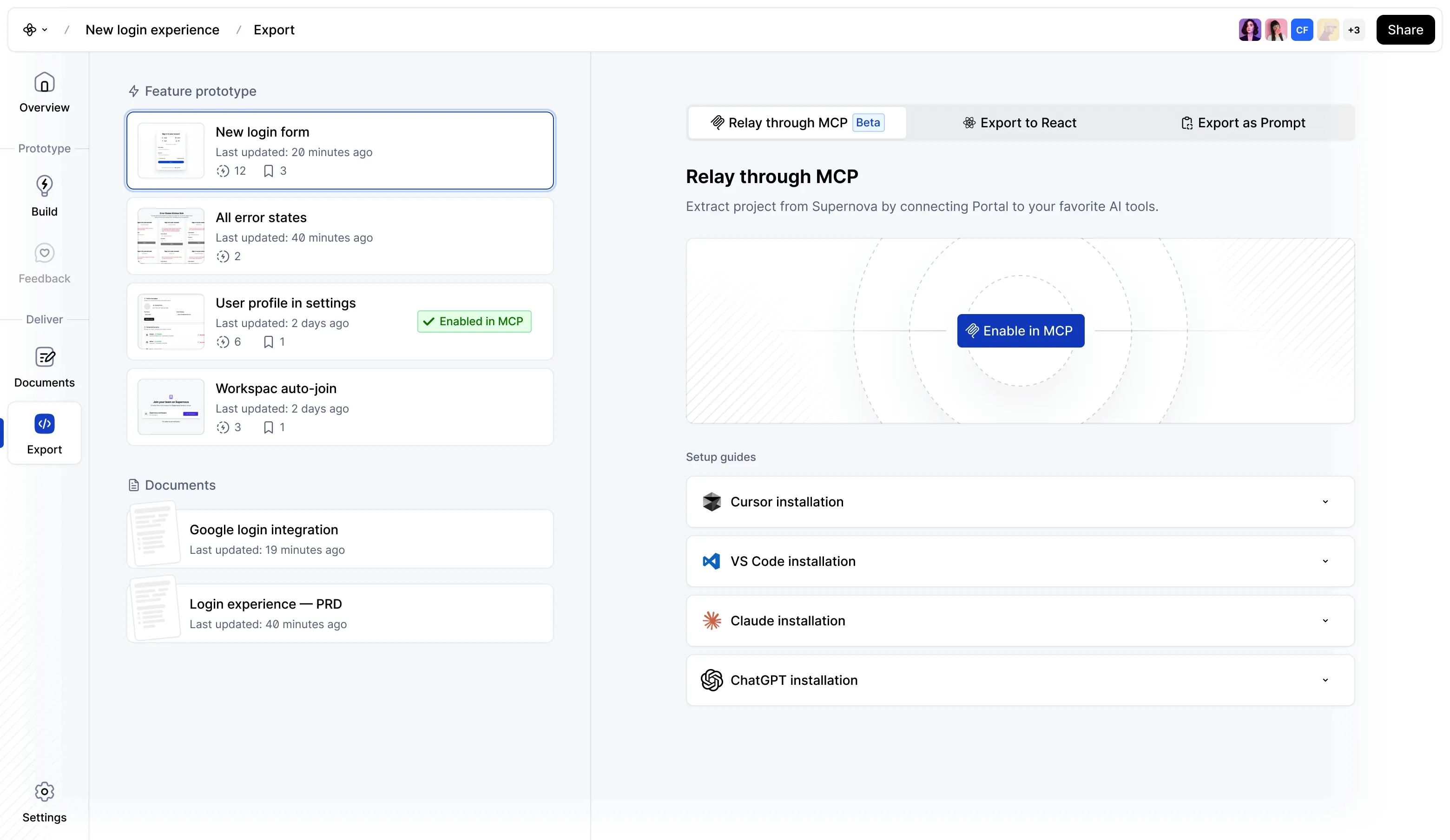 Screenshot of Supernova 3.0 with the tab Export selected showing Featured prototypes and documents. "New login form" prototype is selected an on the right you see options to Relay through MCP, Export to React or Export as Prompt.