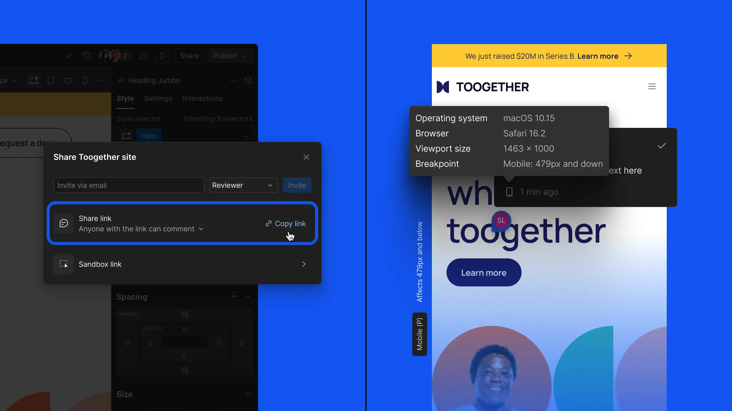 Screenshot of the share modal in Webflow with the Share link section highlighted with a cursor hovering over a "Copy link" button, on the right side is a screenshot of a comment with OS, browser, viewport size and breakpoint meta data.