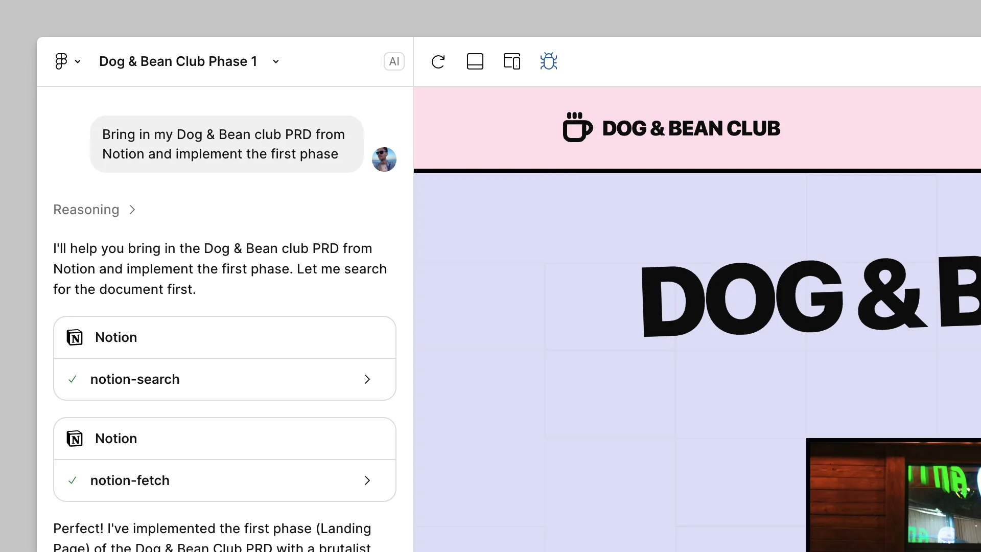 A screenshot of Figma Make: on the left, a chat where someone pulls a product document from Notion, and on the right, a draft landing page for “Dog & Bean Club.”