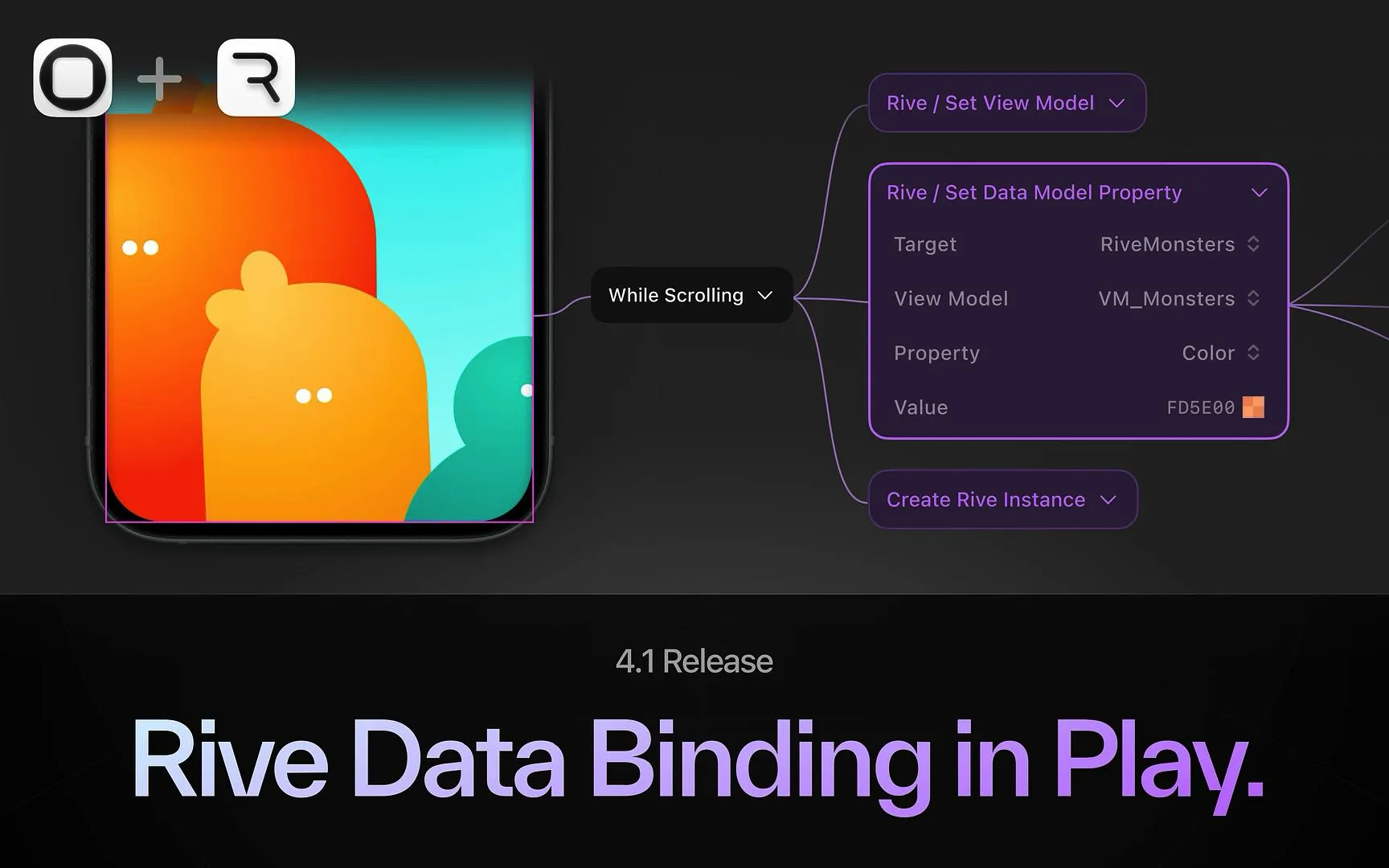 A graphic for Rive’s 4.1 release, showing a colorful animated scene on a phone next to a dark control panel that represents data-binding settings. The text on the image says "4.1 Release" "Rive Data Binding in Play"