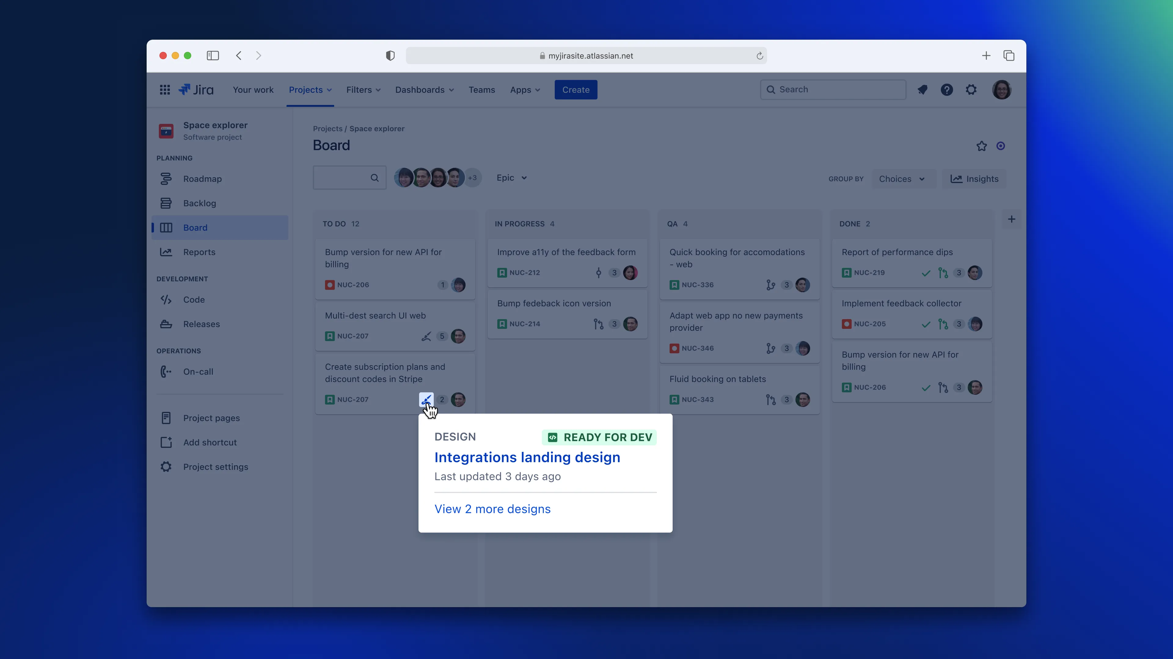 Screenshot of the Jira board interface with multiple tickets. A cursor is hovering over the design icon of a ticket in the TO DO column. A tooltip shows a "Integrations landing page" design with the status "Ready for dev".