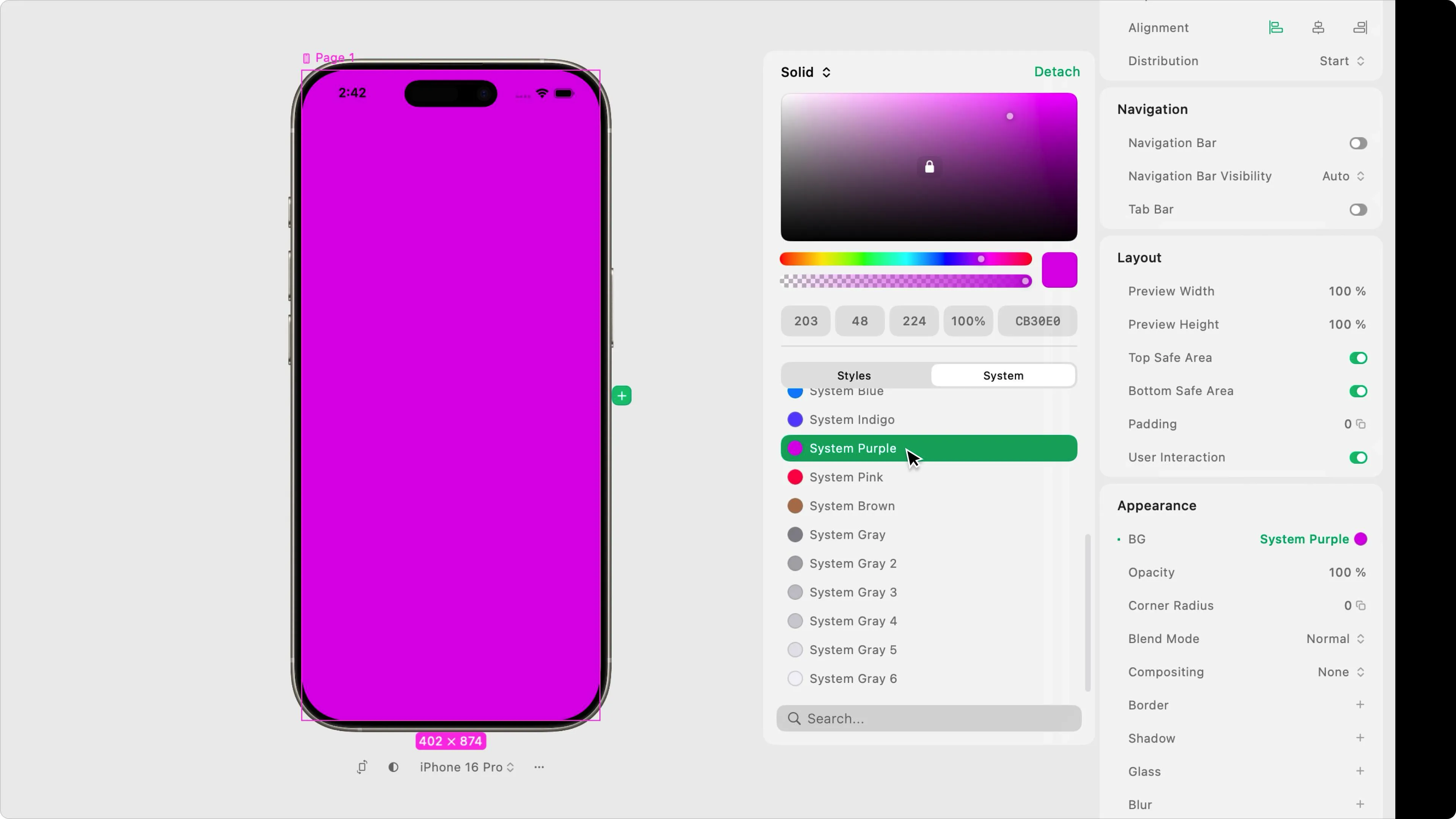 Screenshot of Play's interface showing an iPhone with a purple screen. The color panel is open on the right side showing a selected "System Purple" color.