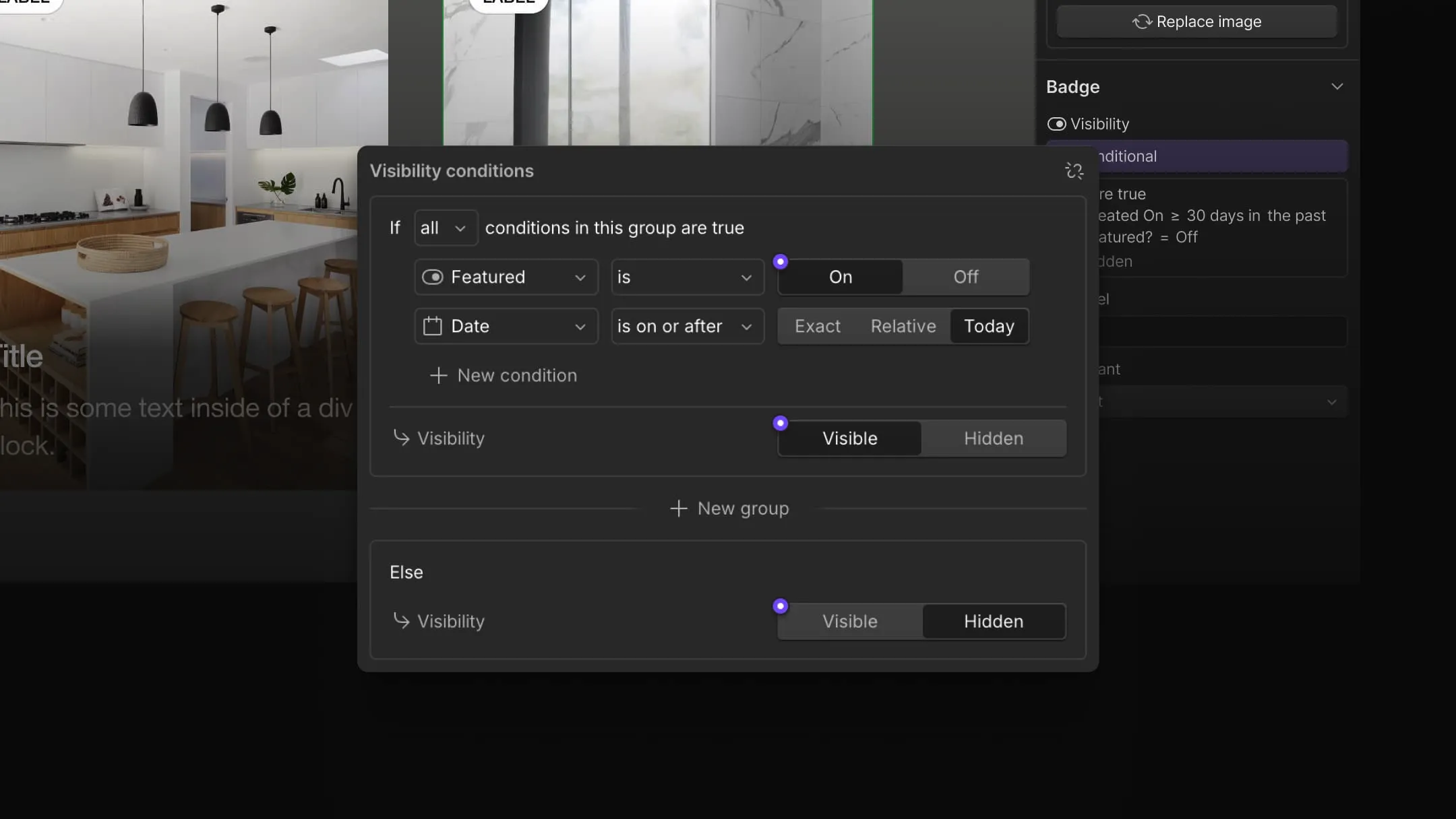 Screenshot of the Visibility conditions panel showing a combination of a few conditions like "Featured" is on and "Date" is a on or after a specific date, then the element can be visible, otherwise it should be hidden.