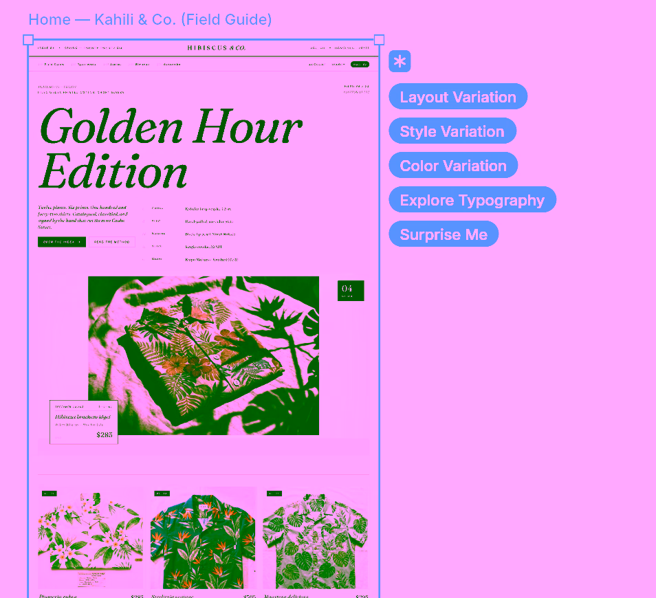 A Pencil canvas showing a selected homepage frame for a fictional Hibiscus & Co. site, with the Quick Actions menu open beside it offering options like Layout Variation, Style Variation, Color Variation, Explore Typography, and Surprise Me.