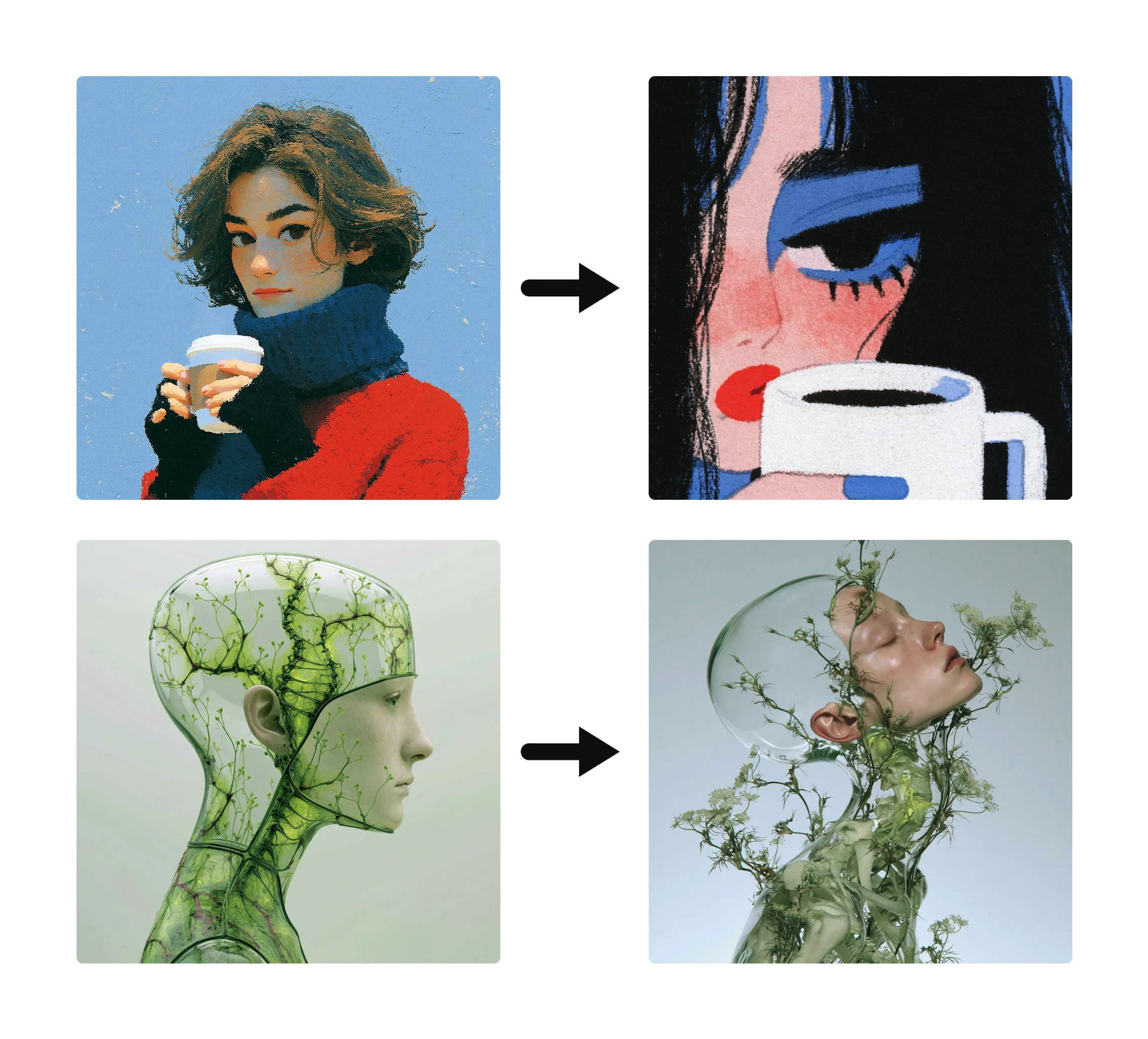Two before and after image pairs showing Midjourney 8.2's style range. Top pair: a soft painterly portrait of a woman in a red sweater and blue turtleneck holding a coffee cup transforms into a bold, flat graphic illustration of a woman's face with blue eyeshadow and red lips, close up on the same coffee cup. Bottom pair: a glass-headed figure with green root-like veins running through it in profile transforms into a more photorealistic version with delicate green vines and flowers wrapping around the head and neck.
