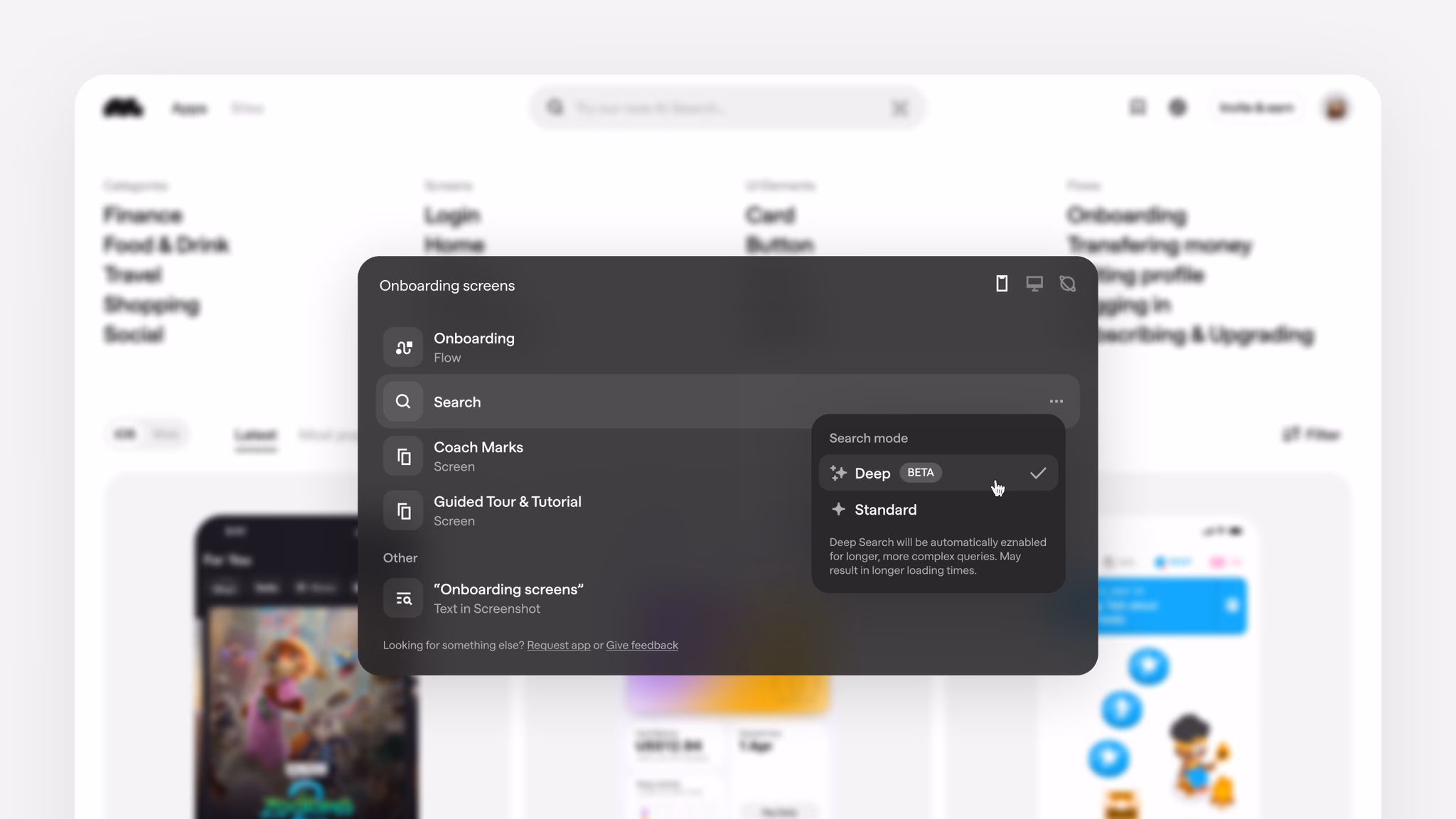 Mobbin's search dropdown showing onboarding results and the new Deep Search mode toggle.