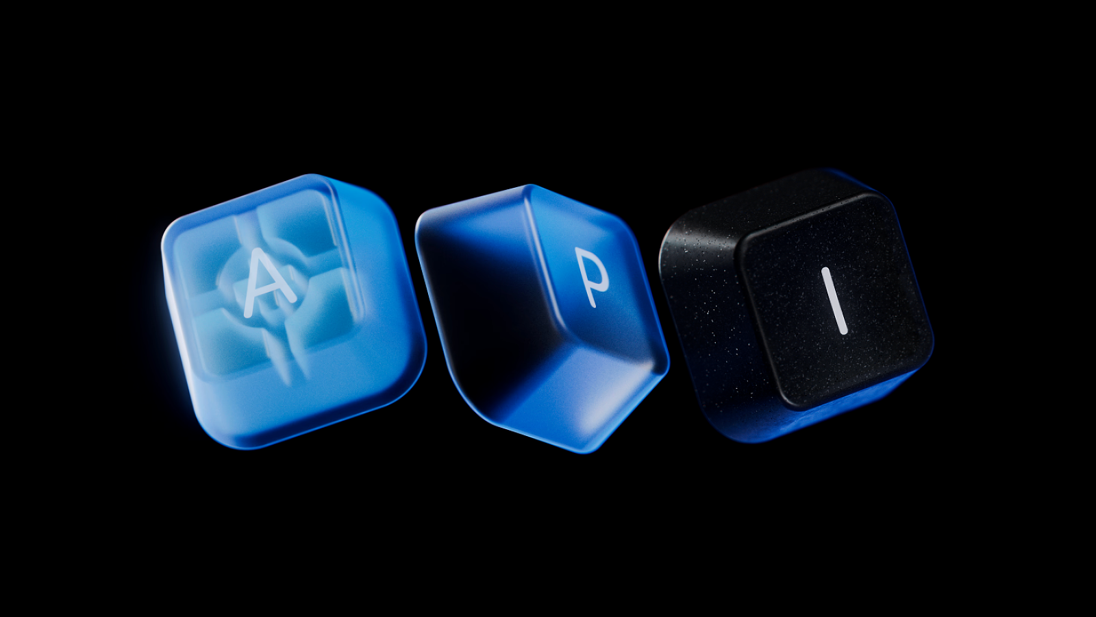 Three illuminated keyboard keycaps on a black background spelling out API, with the A and P keycaps in translucent blue and the I keycap in black, each lit from within.