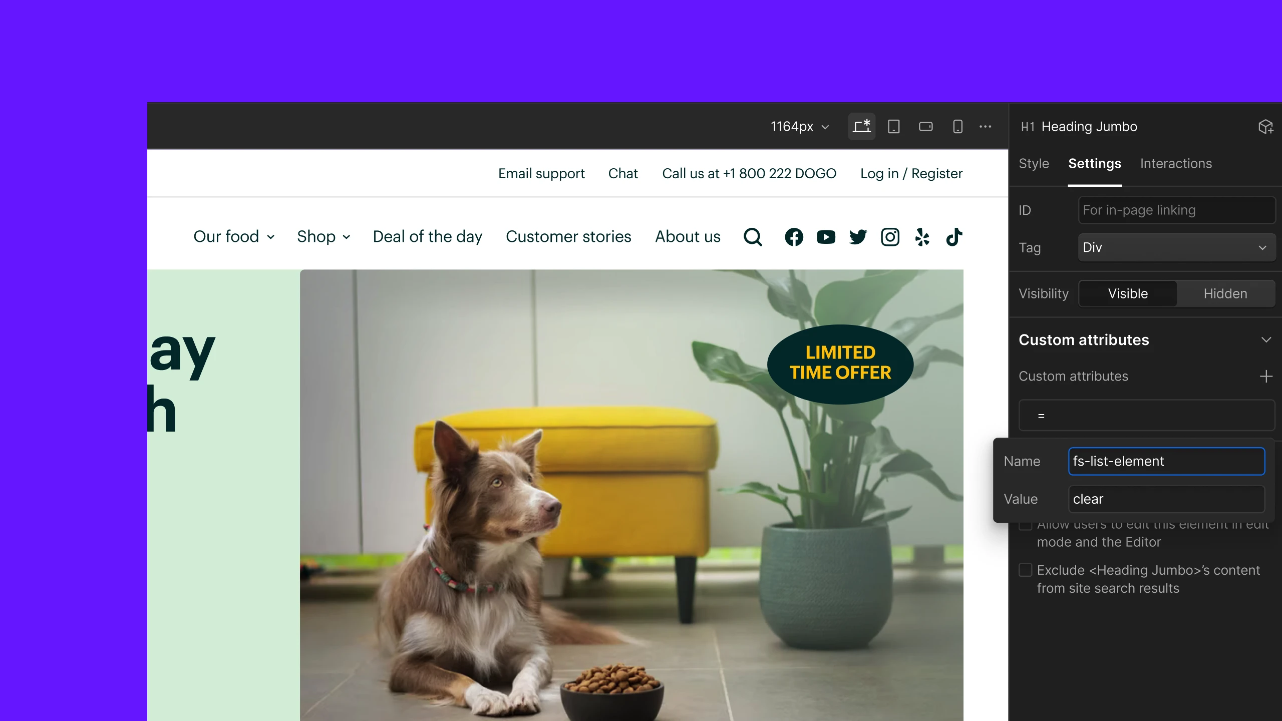 Screenshot of the Webflow Designer with the Settings panel open for an H1 heading, showing the new custom attributes field split into separate Name and Value inputs, populated with "fs-list-element" and "clear." In the background, a pet food website is being edited, showing a navigation bar, a "Limited Time Offer" badge, and a photo of a dog sitting beside a bowl of kibble.
