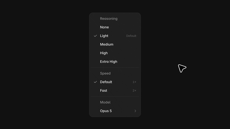 Animated screen recording of Framer's Agent settings menu on a dark background, showing a dropdown with three sections. The Reasoning section lists None, Light (checked, marked as default), Medium, High, and Extra High. Below it, the Speed section shows Default (checked, 1x) and Fast (2x), and the Model section shows Opus 5 with an arrow to expand further options.