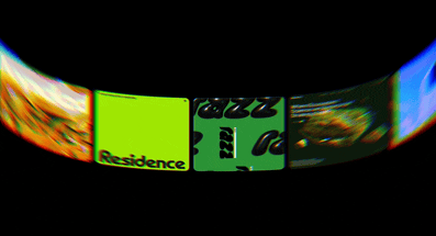 Animated screen recording showing Framer's Chromatic Aberration video shader applied to a row of images and video clips. The strip is warped with a strong glass-like curvature so the edges bow inward, and the colors shift and fringe at the borders in the chromatic aberration style. The clips include a bright green frame with the text "Residence," a patterned green clip with bold lettering, and a few textured photo and video thumbnails on either side.
