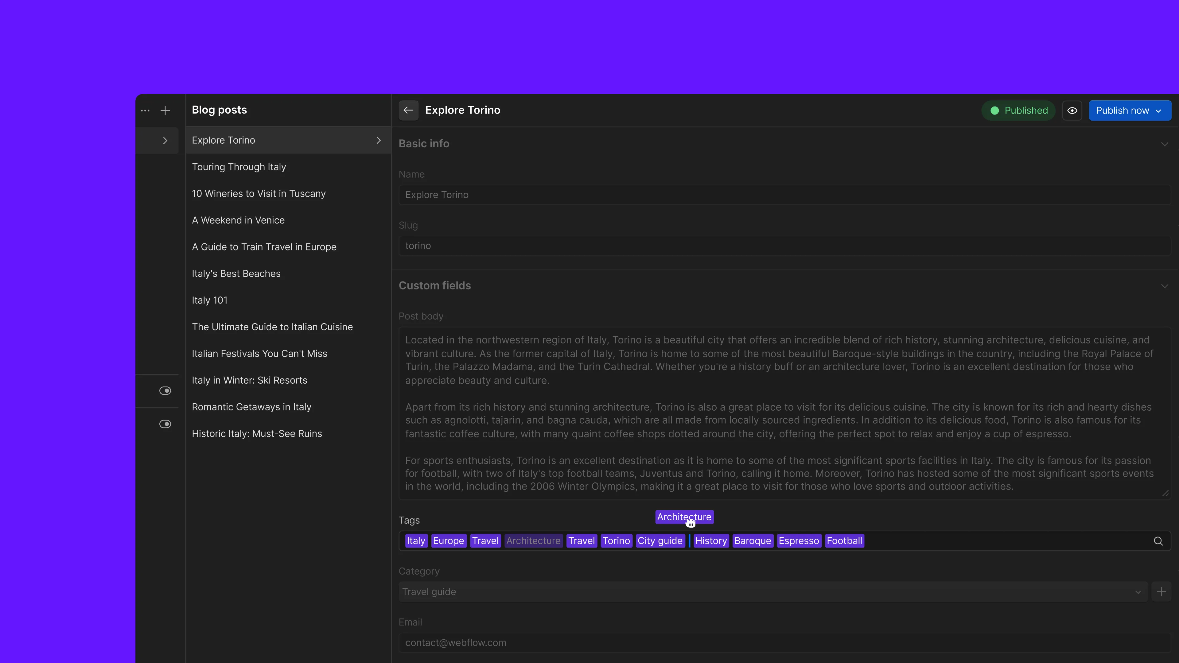 Screenshot of the Webflow CMS editor showing a blog post called "Explore Torino" open in the Blog posts collection. The Tags field displays multiple reference tags as purple chips, including Italy, Europe, Travel, Architecture, Travel, Torino, City guide, History, Baroque, Espresso, and Football, with the Architecture tag lifted above the row mid-drag to show the new drag-to-reorder interaction for multi-reference CMS fields.