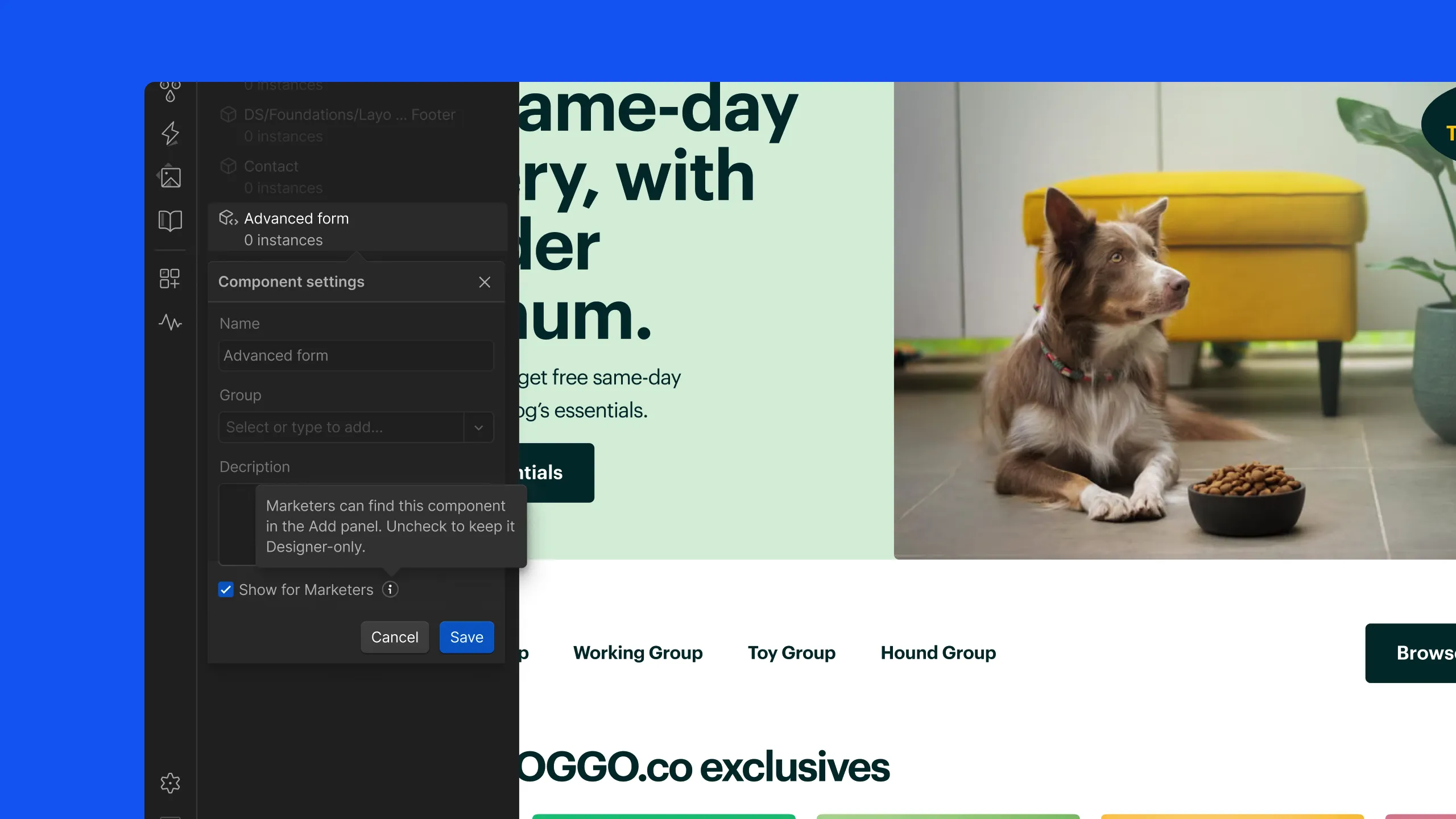Screenshot of the Webflow Designer with a Component settings panel open for a component named "Advanced form." The panel shows Name, Group, and Description fields plus a checked "Show for Marketers" checkbox, with a tooltip explaining that marketers can find the component in the Add panel or it can be kept Designer-only by unchecking it. In the background, a dog food website design shows a dog next to a bowl of kibble.