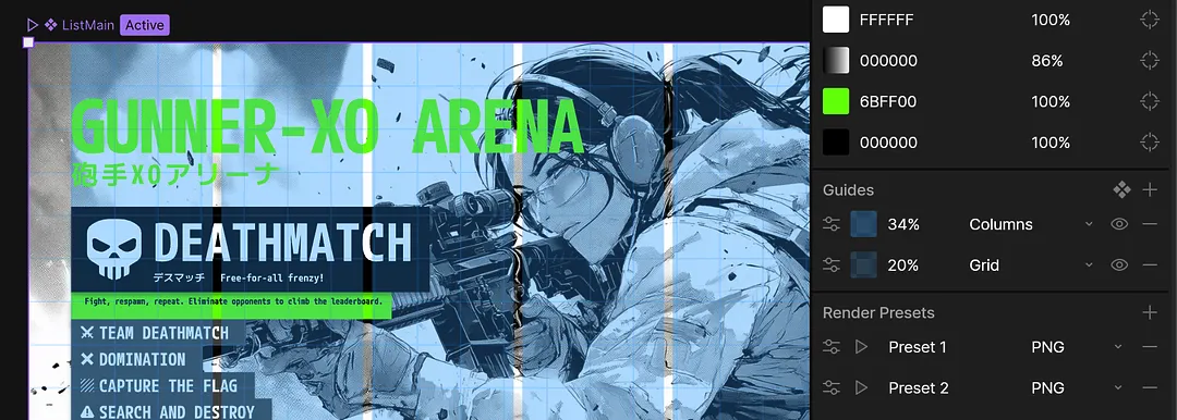 creenshot of the Rive editor showing an artboard called "ListMain" with a stylized illustration of a soldier holding a sniper rifle, titled "Gunner-XO Arena Deathmatch," advertising a free-for-all mode with game options like Team Deathmatch, Domination, Capture the Flag, and Search and Destroy. The right-hand Inspector panel shows the new Guides section with a 34% Columns guide and a 20% Grid guide listed underneath the color swatches, alongside a Render Presets section with two PNG export presets.