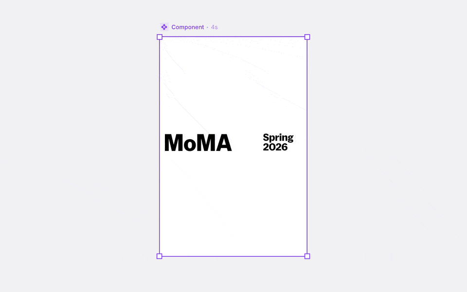 Screenshot from a Jitter animation showing a component instance selected on the canvas, labeled "Component" with a 4 second duration. The instance is a white poster-style card reading "MoMA" in bold black type alongside "Spring 2026," demonstrating an edited text override applied directly to that instance while it stays connected to the original component.