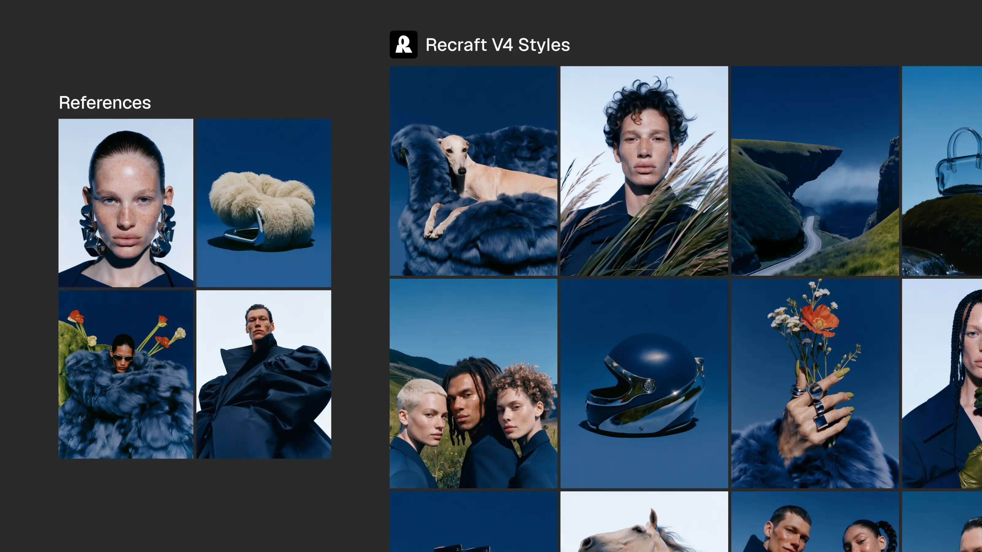 Side by side comparison in Recraft V4 Styles. On the left, four reference images in cool blue tones: a portrait with metallic earrings, a furry chair, a person holding flowers, and a figure in a dark draped garment. On the right, a grid of new generated images matching the same blue toned style, including a dog on a fur chair, a portrait in tall grass, a coastal road, a group portrait, a motorcycle helmet, and a hand holding flowers.