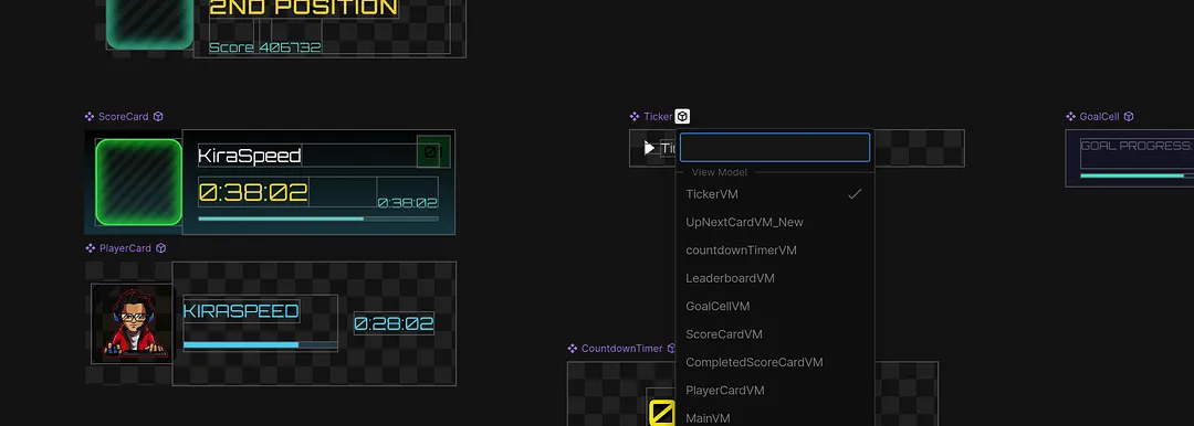 Screenshot of the Rive editor showing a racing game leaderboard interface in progress. Visible components include a ScoreCard and PlayerCard for a racer named KiraSpeed, a CountdownTimer, a GoalCell showing goal progress, and a Ticker component with its View Model dropdown open, listing options like TickerVM, LeaderboardVM, ScoreCardVM, and PlayerCardVM.