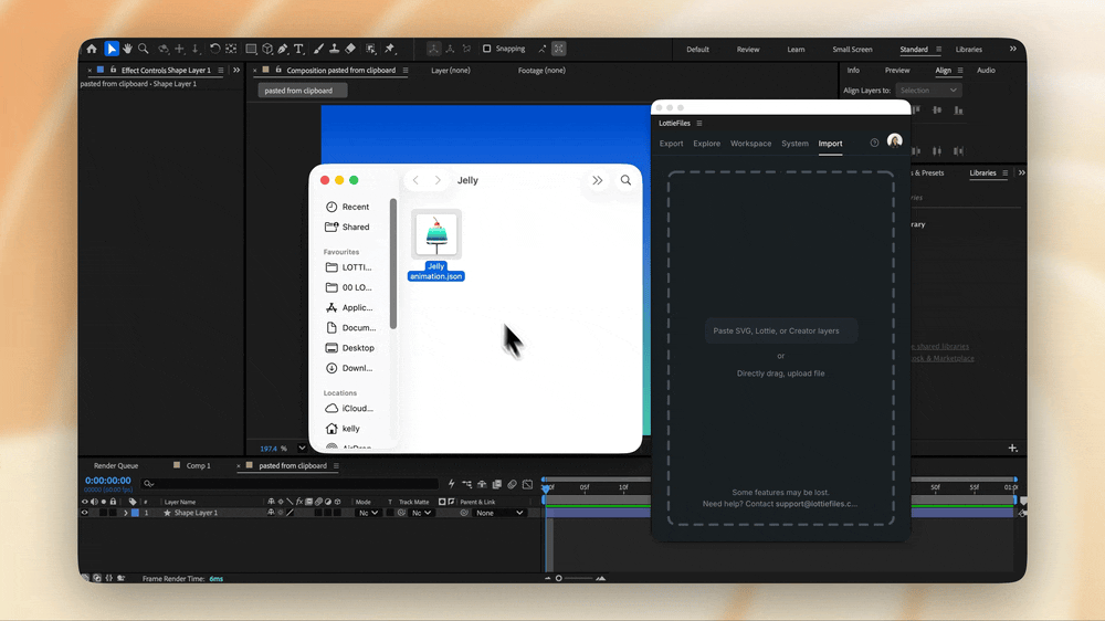 After Effects with the LottieFiles panel open, importing a Lottie animation file.