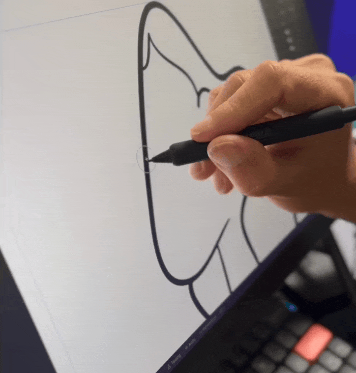 Screen recording of someone drawing directly on a tablet in Rive with a stylus. It starts with a rough black outline of a face and hair, builds up the linework and facial features, then uses the Bucket fill tool to add flat colour, and ends on a finished pink-skinned cartoon character with orange hair, with Rive's timeline panel visible at the edge of the screen.