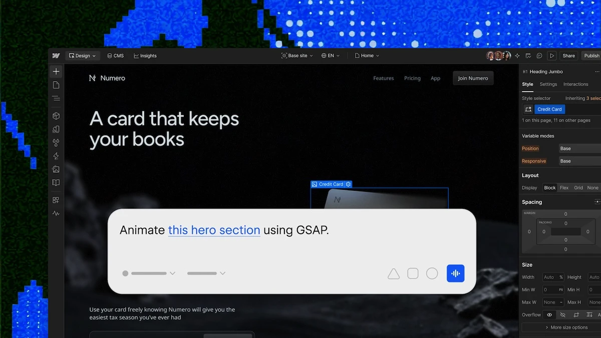 Screenshot of the Webflow Designer showing a website for "Numero," a credit card product, with a dark hero section reading "A card that keeps your books." A floating AI prompt box in the center reads "Animate this hero section using GSAP," with the "this hero section" text linked, plus voice input and shape-selection controls below it. The right sidebar shows the Style panel for a selected "Credit Card" element, including settings for variable modes, layout, spacing, and size.
