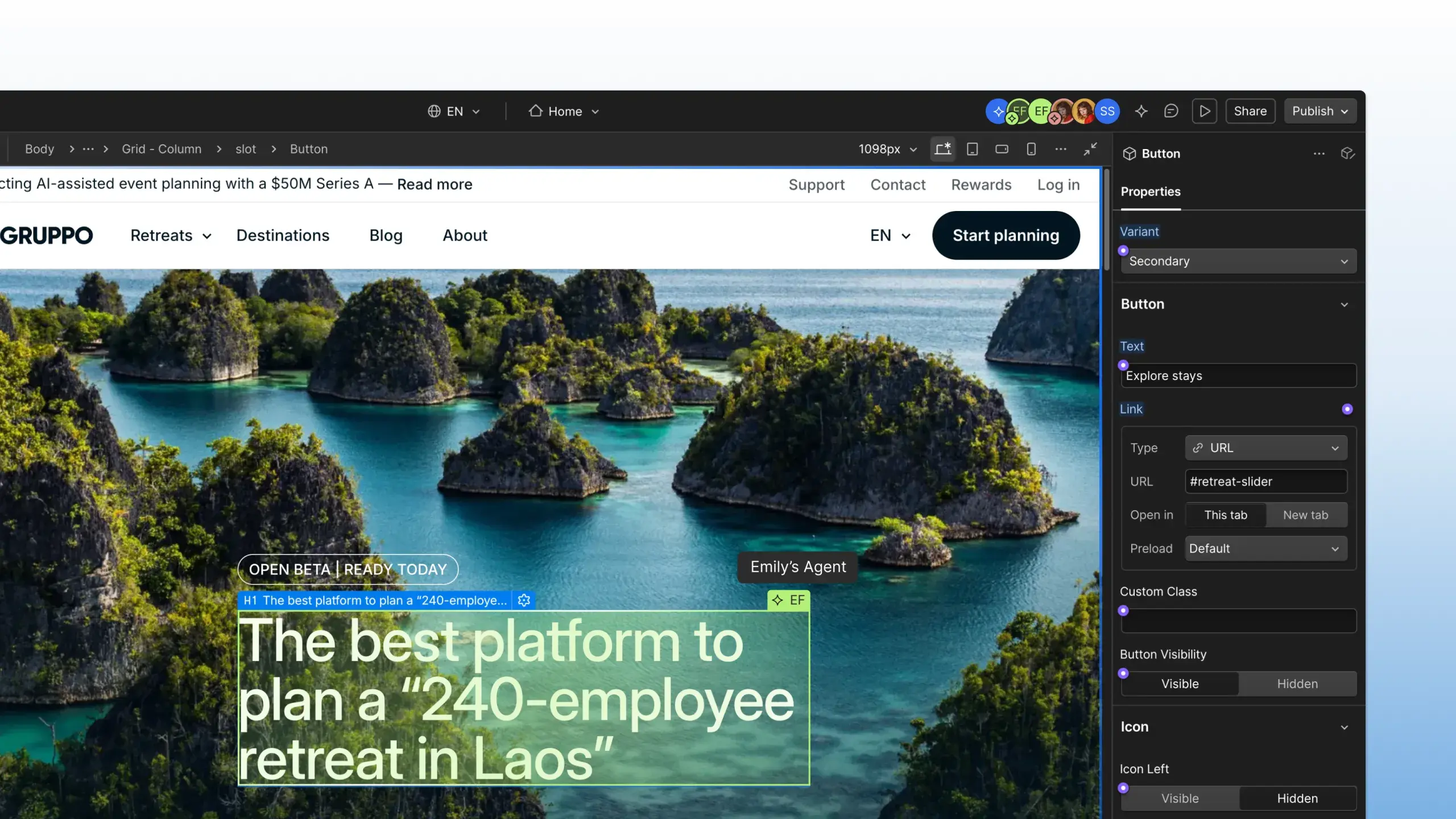 Webflow canvas with a headline highlighted in green and labeled “Emily’s Agent”, showing where an AI agent is working live.